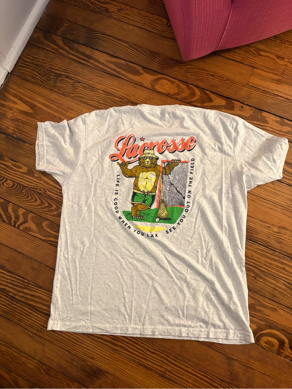 Lacrosse Unlimited Graphic Tee - White with Green & Orange Print